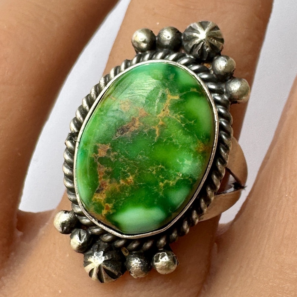 Navajo Sonoran Gold Turquoise Ring Sz 7.5 Sterling Signed F Stamp Native Amer